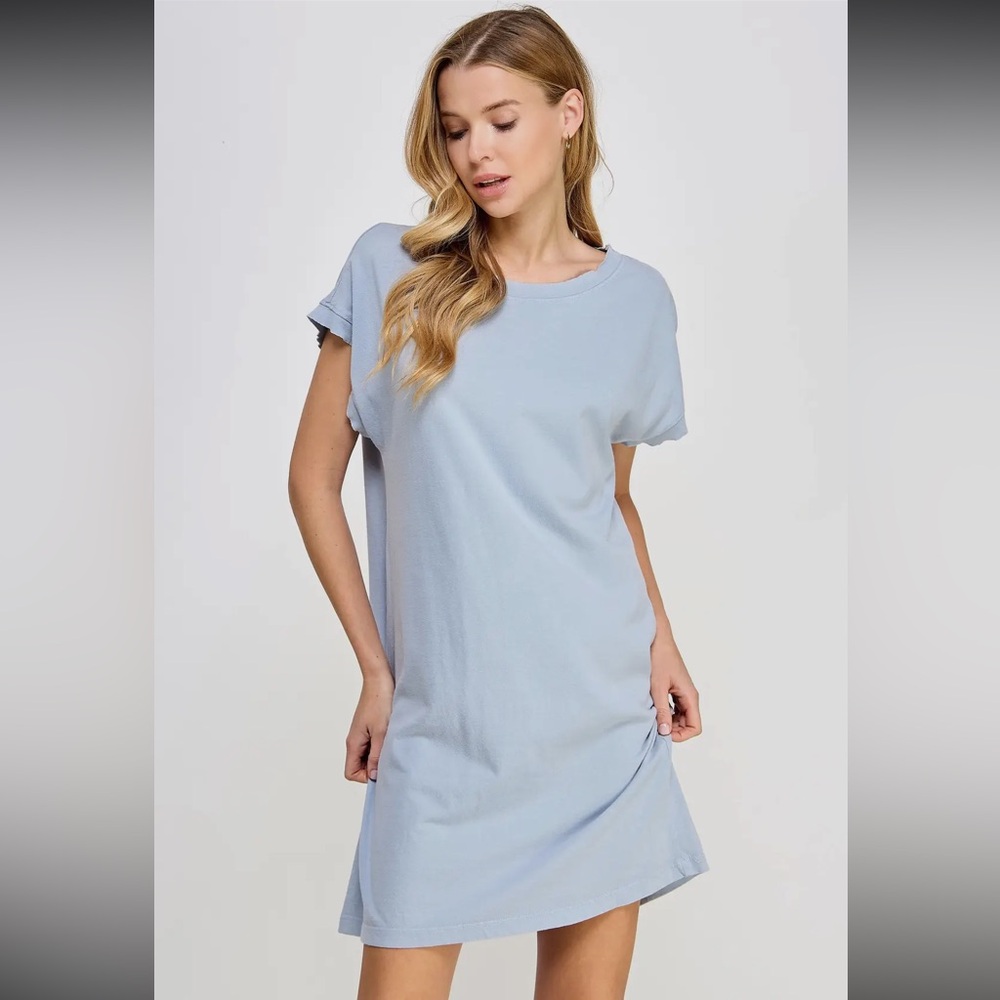158. Mineral washed short sleeve T-shirt dress in ocean blue